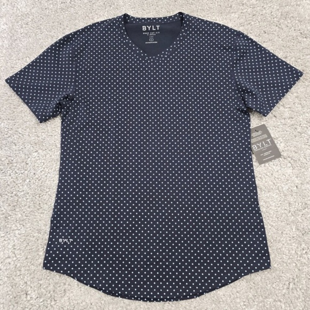 BYLT Drop‎ Cut V-Neck Lux Shirt Mens Large Navy White Polka Dot Athletic Fit